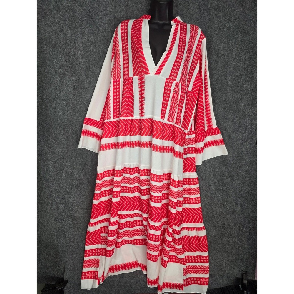 Silk & Salt Dress Womens Large Red White Striped Tiered Bohemian V Neck Resort